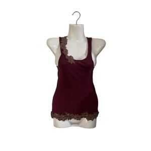 Vintage Y2K Damsel Sequin Lace Trim Ribbed Burgundy Tank Top SZ S Fairy Grunge